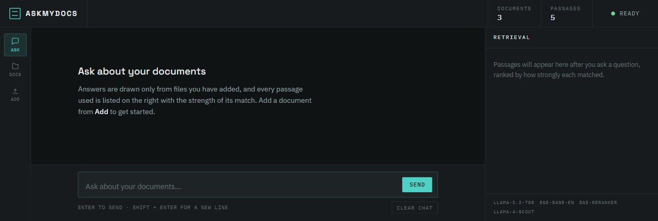 The AskMyDocs interface, with a retrieval column listing the passages behind each answer.